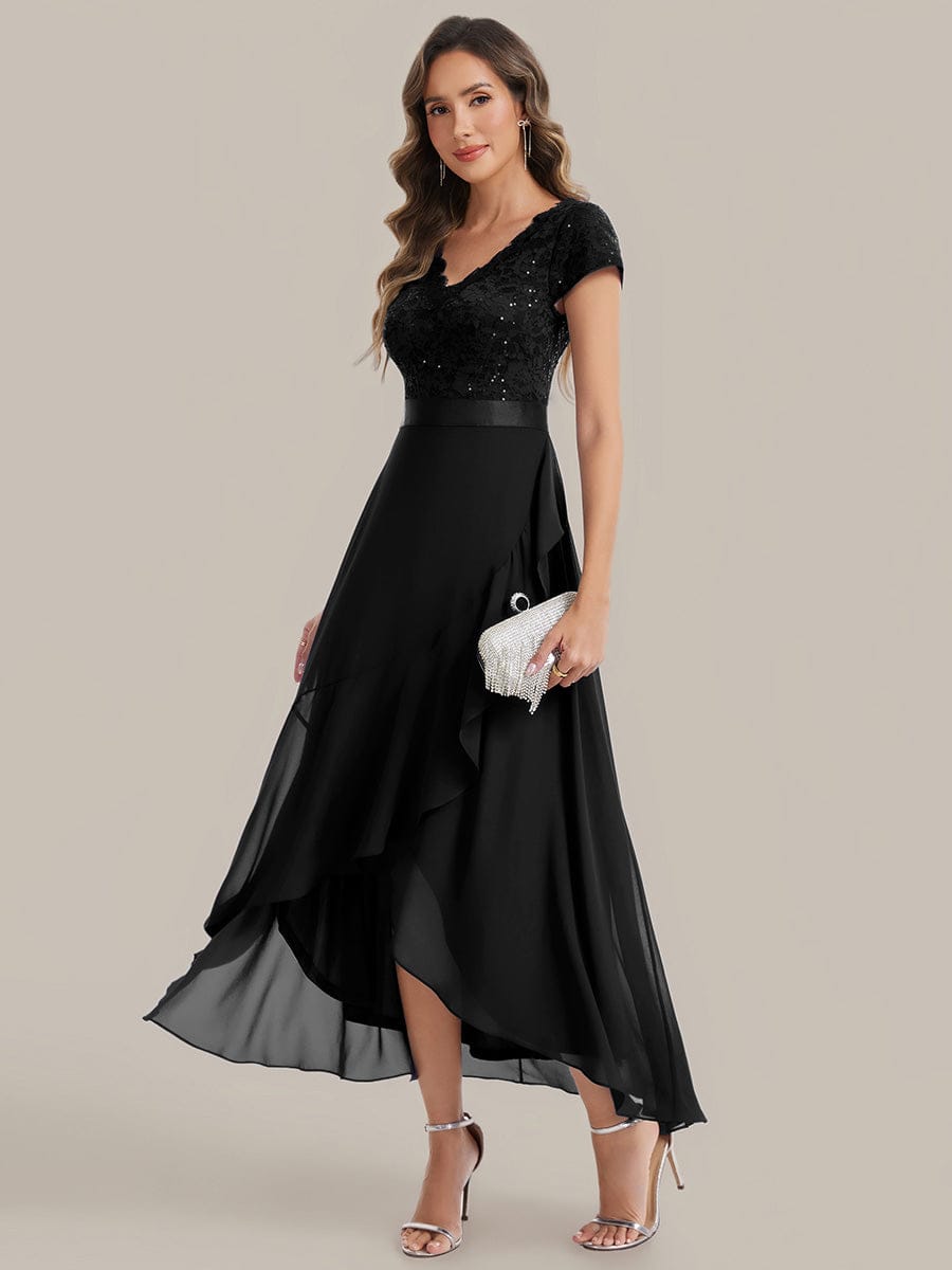 Deep V-Neck Chiffon Cap Sleeve Dress #color_Black