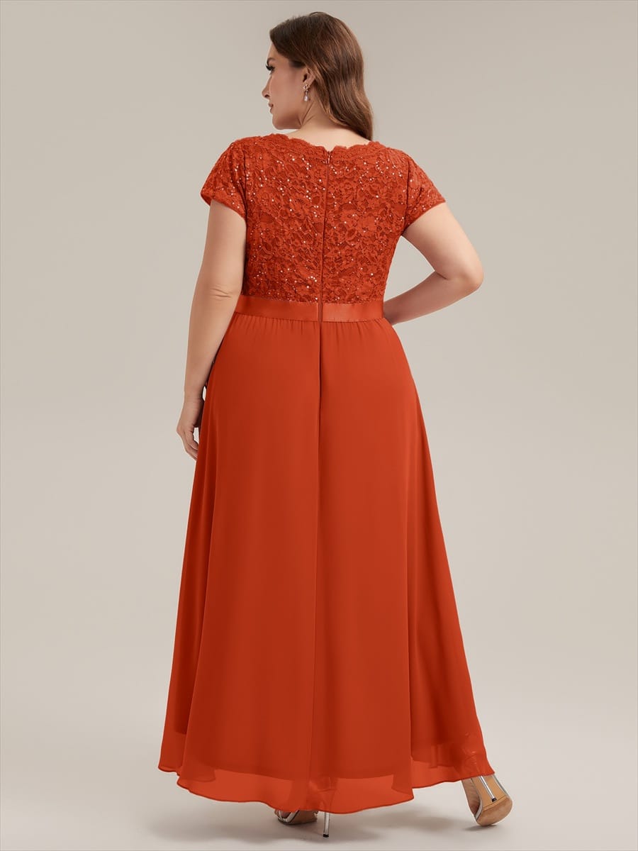 Deep V-Neck Chiffon Cap Sleeve Dress #color_Burnt Orange