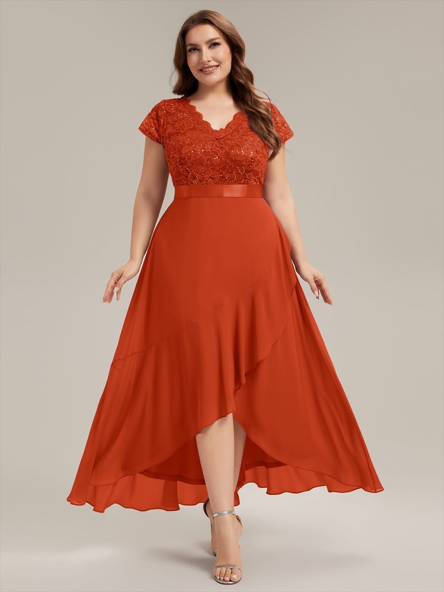 Deep V-Neck Chiffon Cap Sleeve Dress #color_Burnt Orange