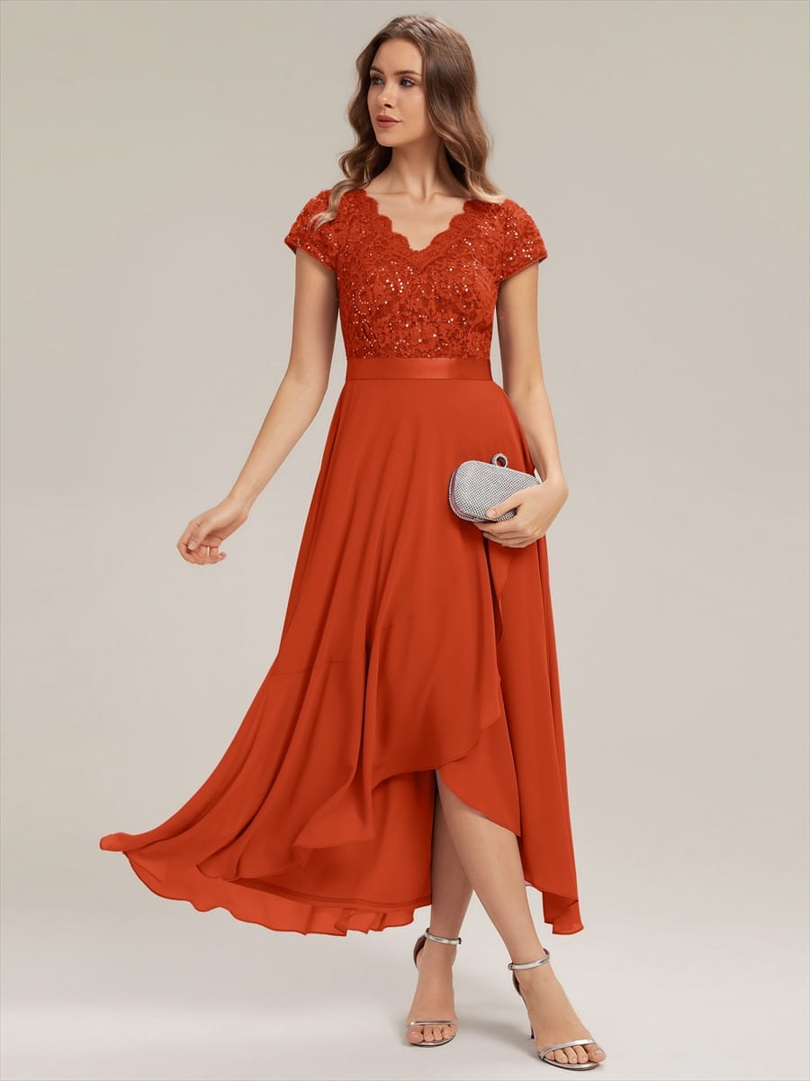 Deep V-Neck Chiffon Cap Sleeve Dress #color_Burnt Orange