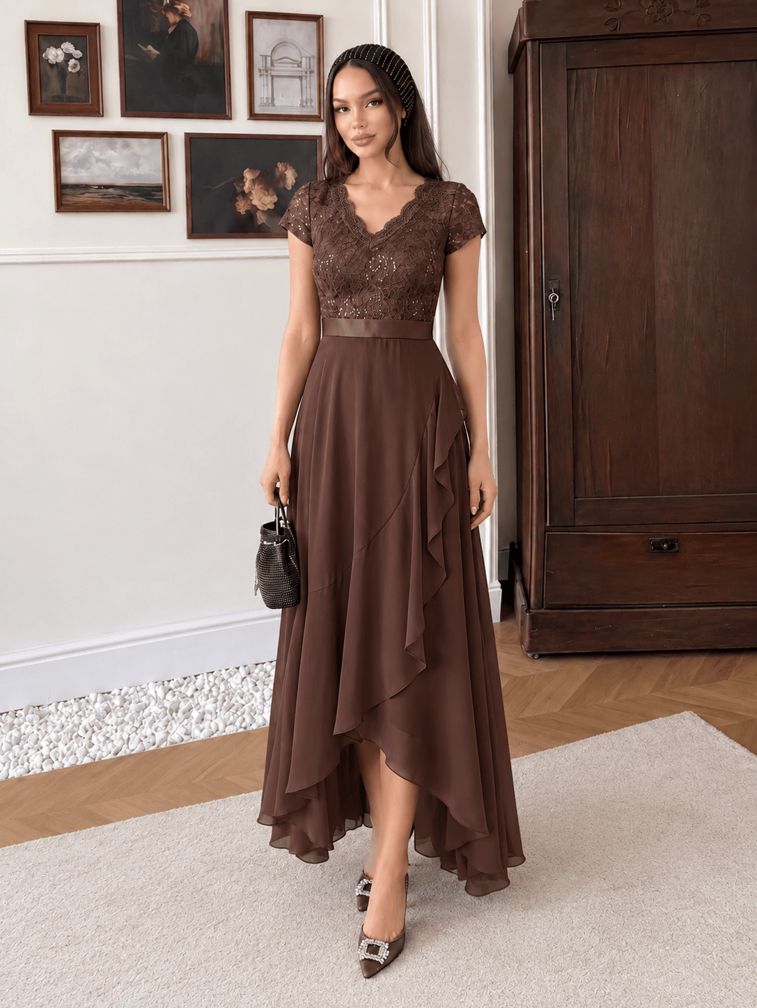 Deep V-Neck Chiffon Cap Sleeve Dress #color_Chocolate brown