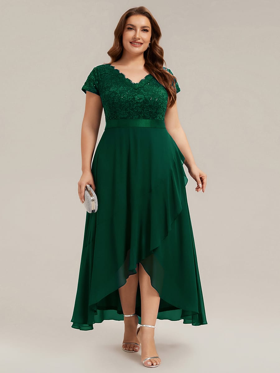 Deep V-Neck Chiffon Cap Sleeve Dress #color_Dark Green