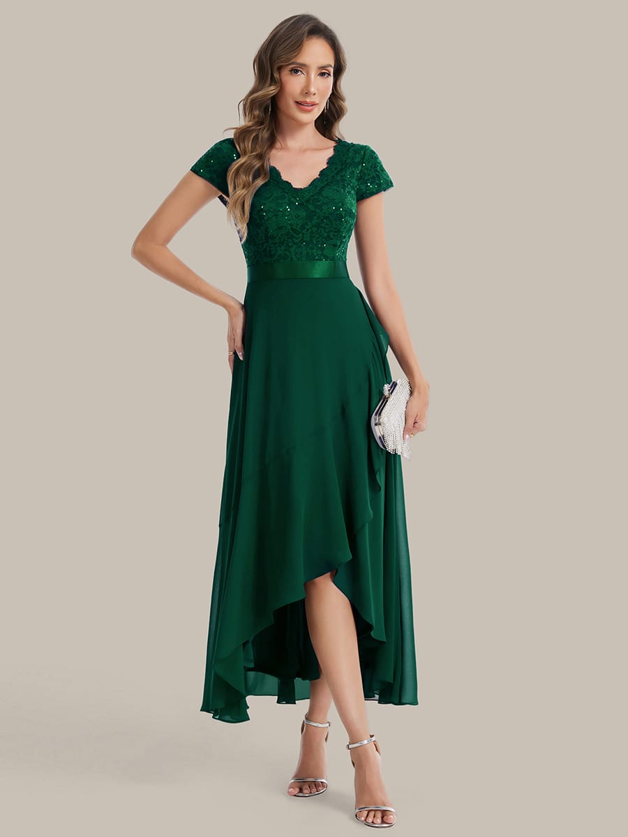 Deep V-Neck Chiffon Cap Sleeve Dress #color_Dark Green