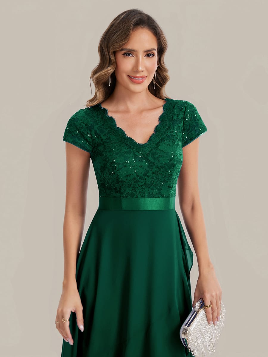 Deep V-Neck Chiffon Cap Sleeve Dress #color_Dark Green