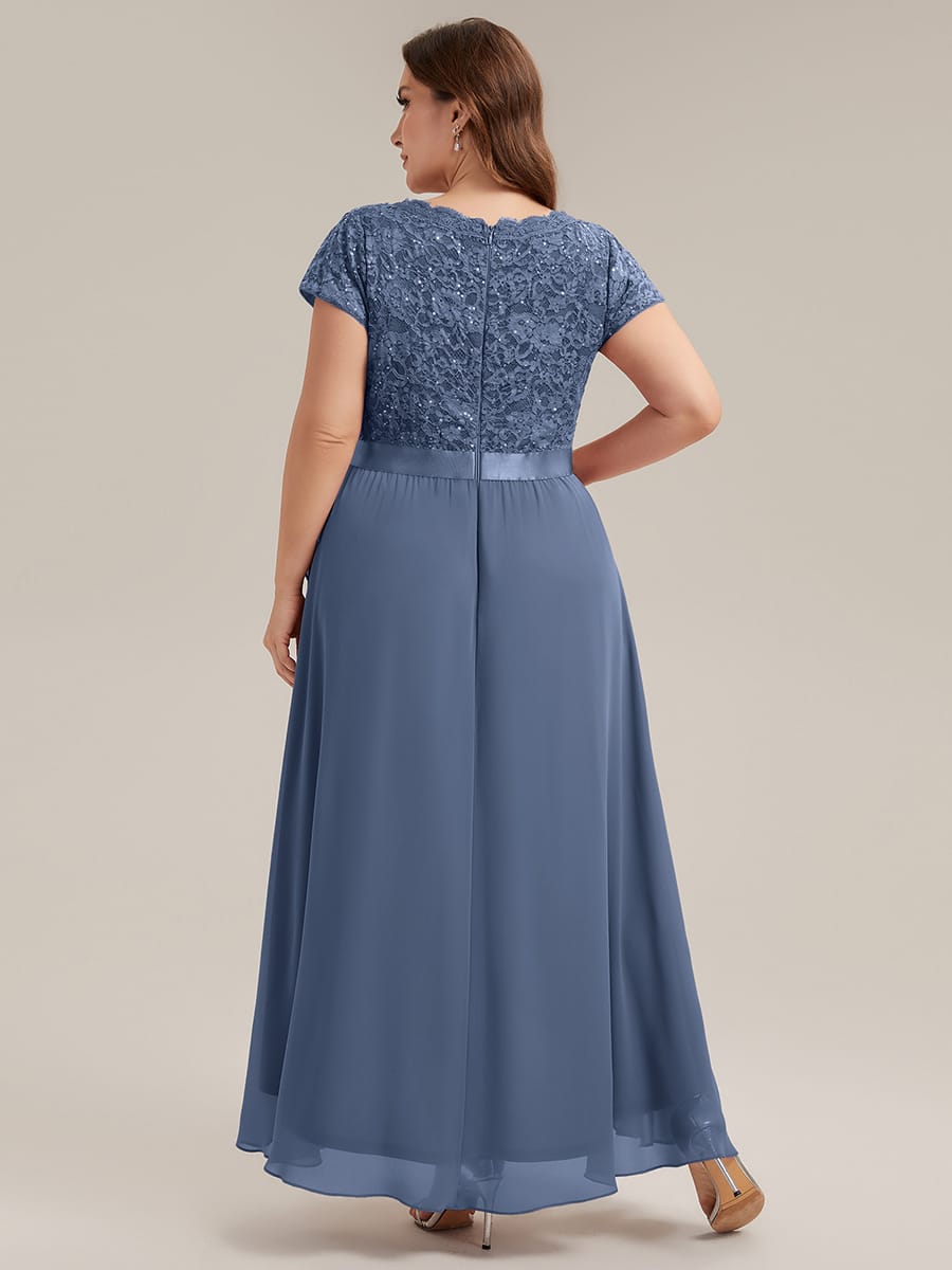 Deep V-Neck Chiffon Cap Sleeve Dress #color_Dusty Blue