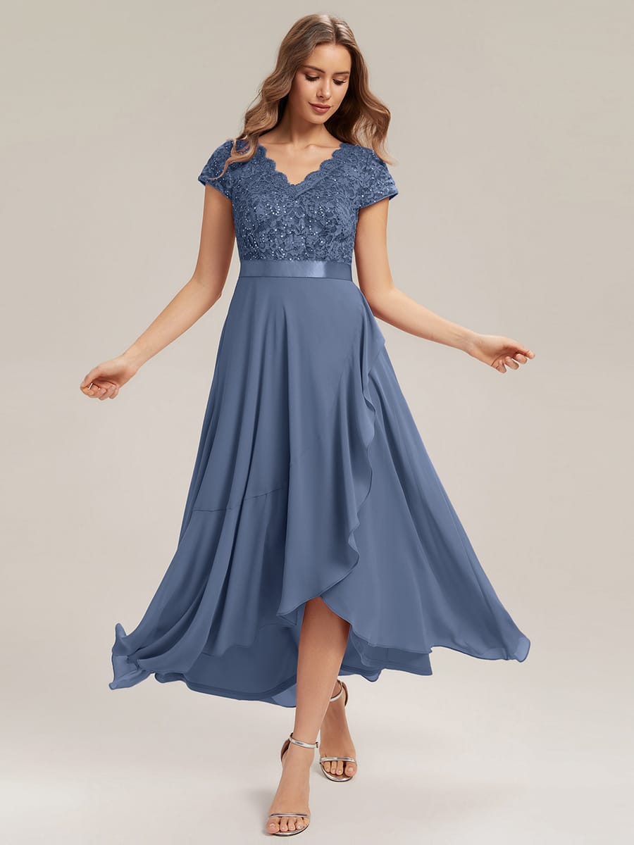 Deep V-Neck Chiffon Cap Sleeve Dress #color_Dusty Blue