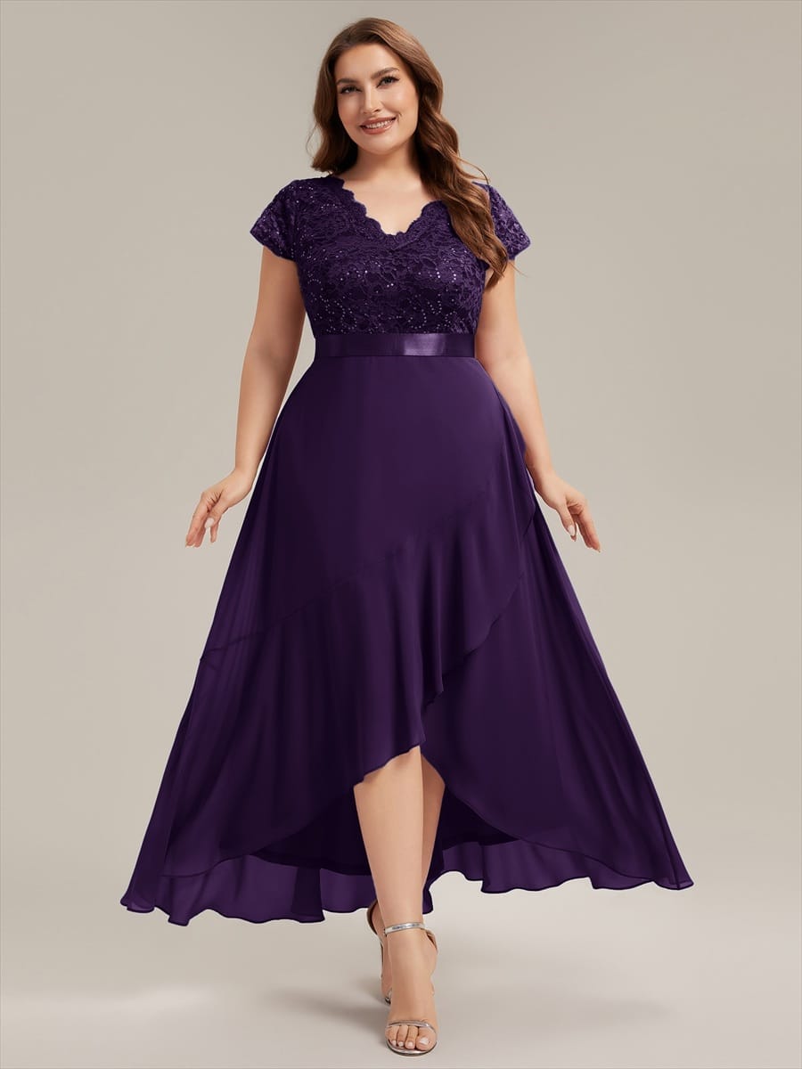 Deep V-Neck Chiffon Cap Sleeve Dress #color_Dark Purple