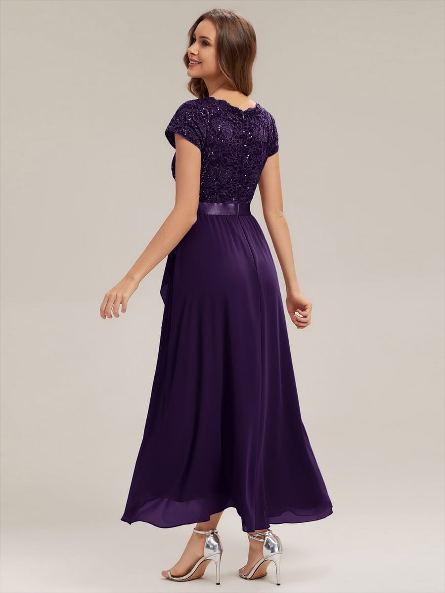 Deep V-Neck Chiffon Cap Sleeve Dress #color_Dark Purple