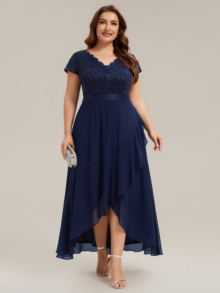 Deep V-Neck Chiffon Cap Sleeve Dress #color_Navy Blue