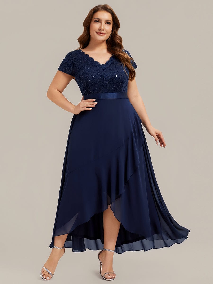 Deep V-Neck Chiffon Cap Sleeve Dress #color_Navy Blue