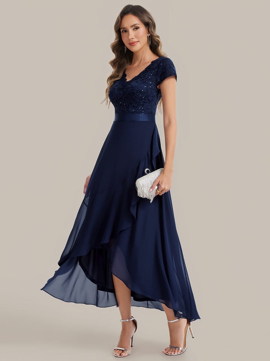 Deep V-Neck Chiffon Cap Sleeve Dress #color_Navy Blue