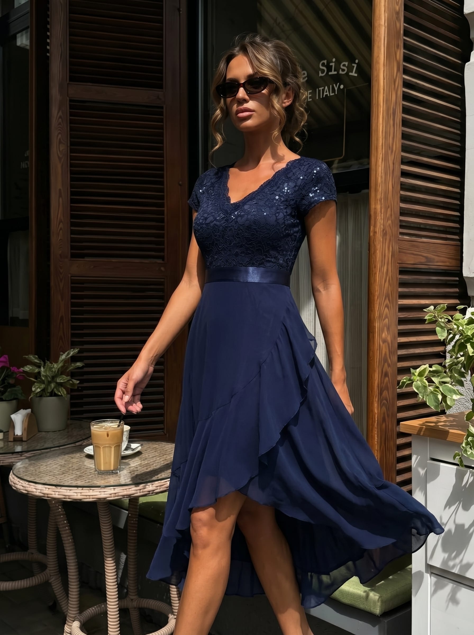 Deep V-Neck Chiffon Cap Sleeve Dress #color_Navy Blue