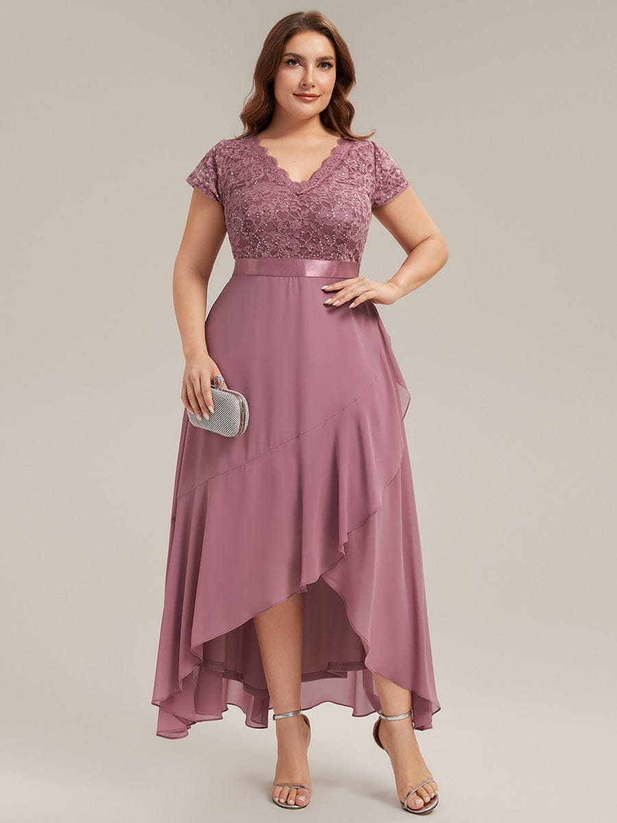 Deep V-Neck Chiffon Cap Sleeve Dress #color_Purple Orchid