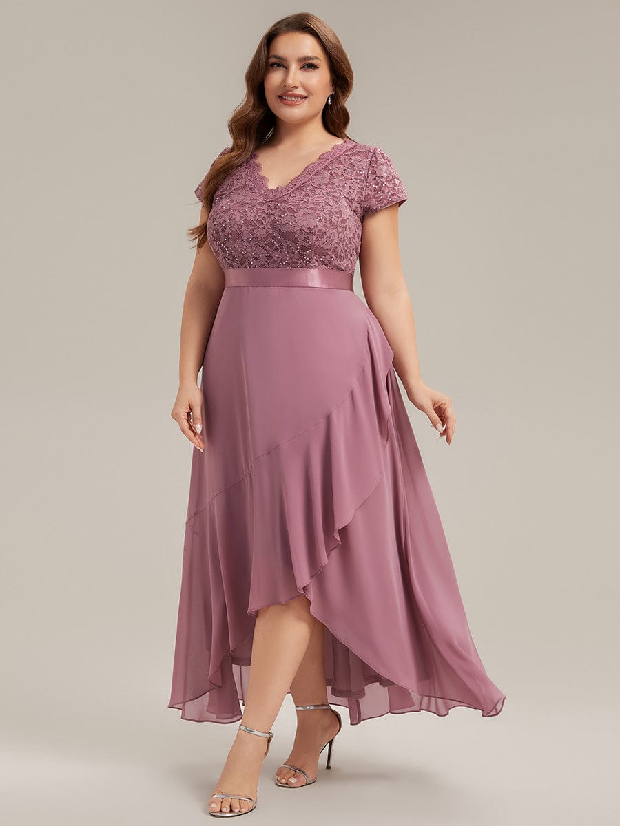 Deep V-Neck Chiffon Cap Sleeve Dress #color_Purple Orchid