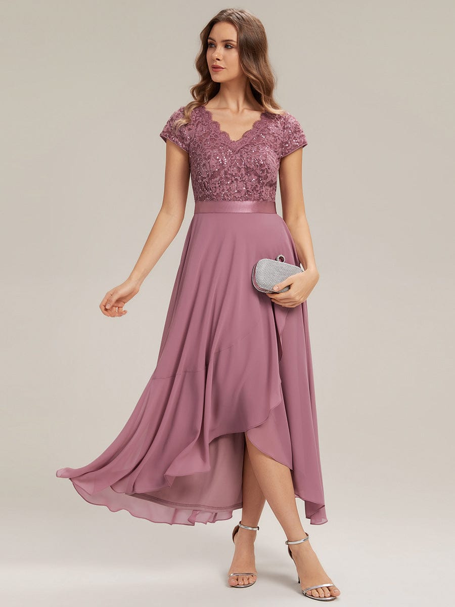 Deep V-Neck Chiffon Cap Sleeve Dress #color_Purple Orchid