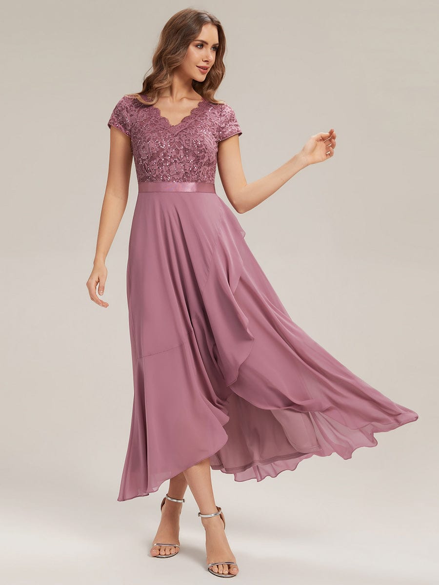 Deep V-Neck Chiffon Cap Sleeve Dress #color_Purple Orchid