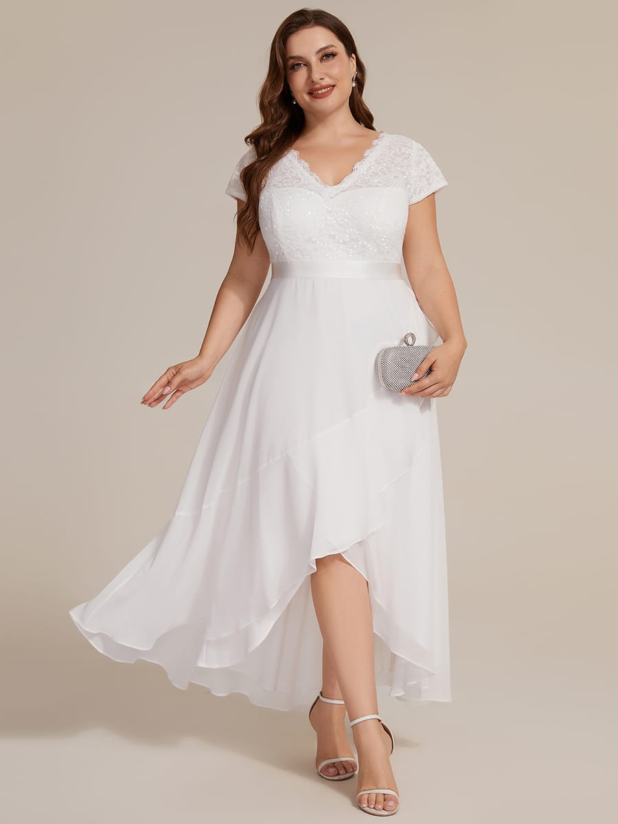 Deep V-Neck Chiffon Cap Sleeve Dress #color_White