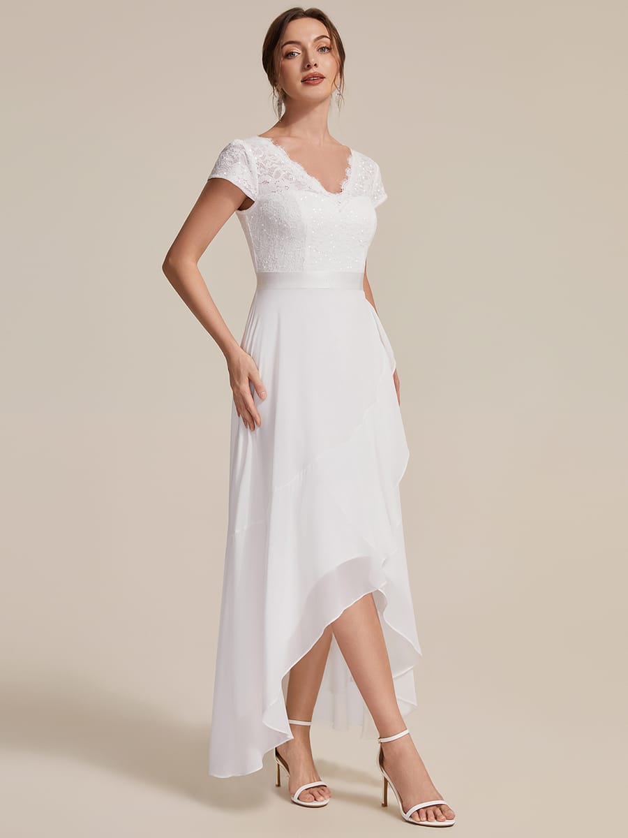 Deep V-Neck Chiffon Cap Sleeve Dress #color_White