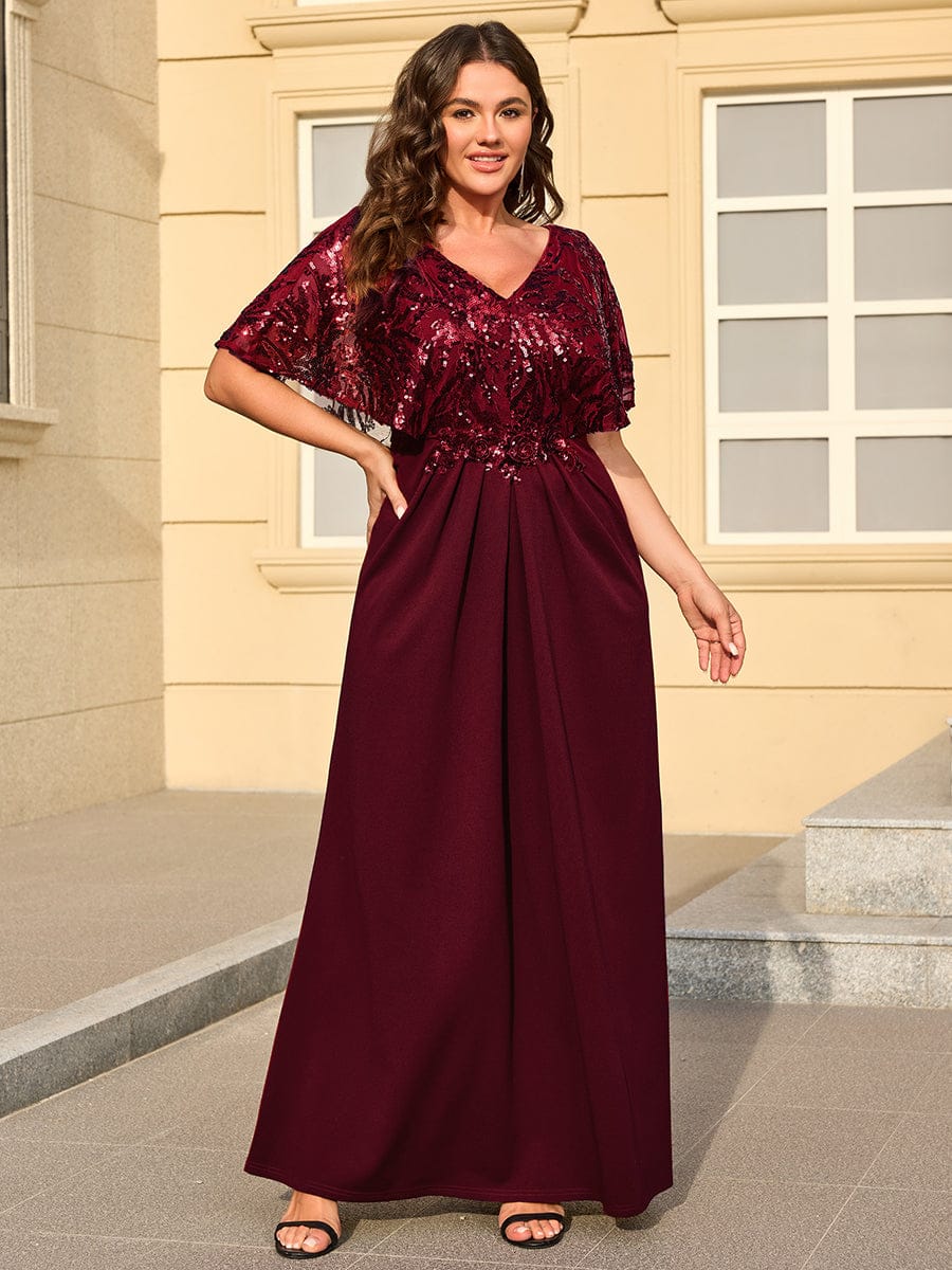 Thigh-High Slit Sequin Batwing Sleeve Dress #color_Burgundy