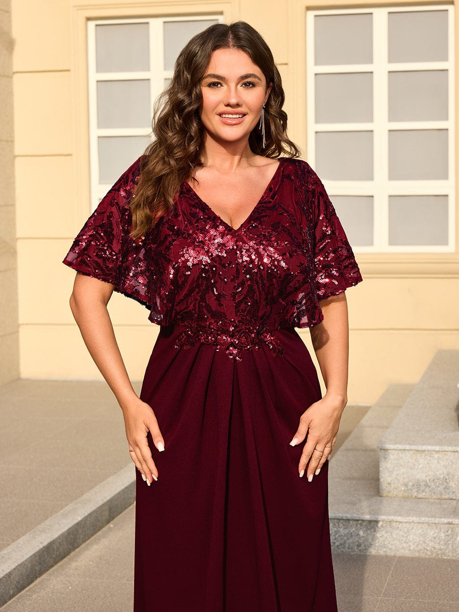 Thigh-High Slit Sequin Batwing Sleeve Dress #color_Burgundy