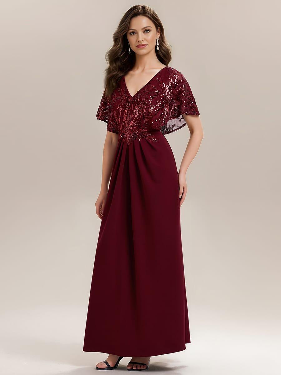Thigh-High Slit Sequin Batwing Sleeve Dress #color_Burgundy