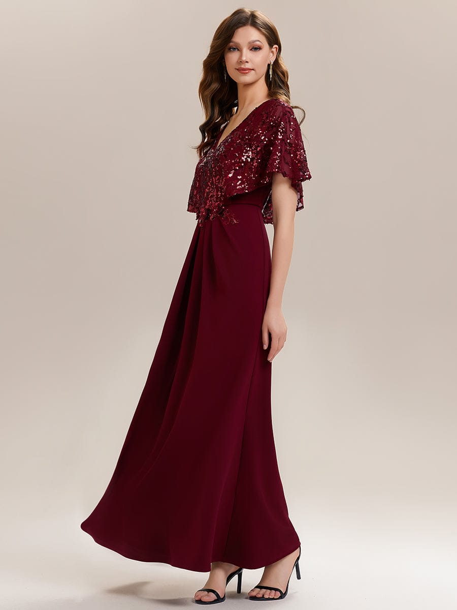 Thigh-High Slit Sequin Batwing Sleeve Dress #color_Burgundy