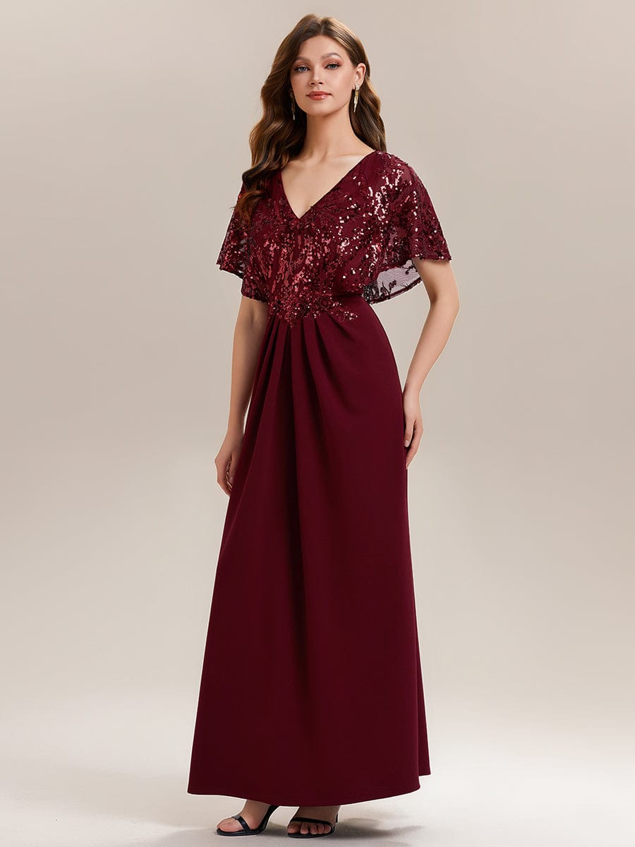 Thigh-High Slit Sequin Batwing Sleeve Dress #color_Burgundy