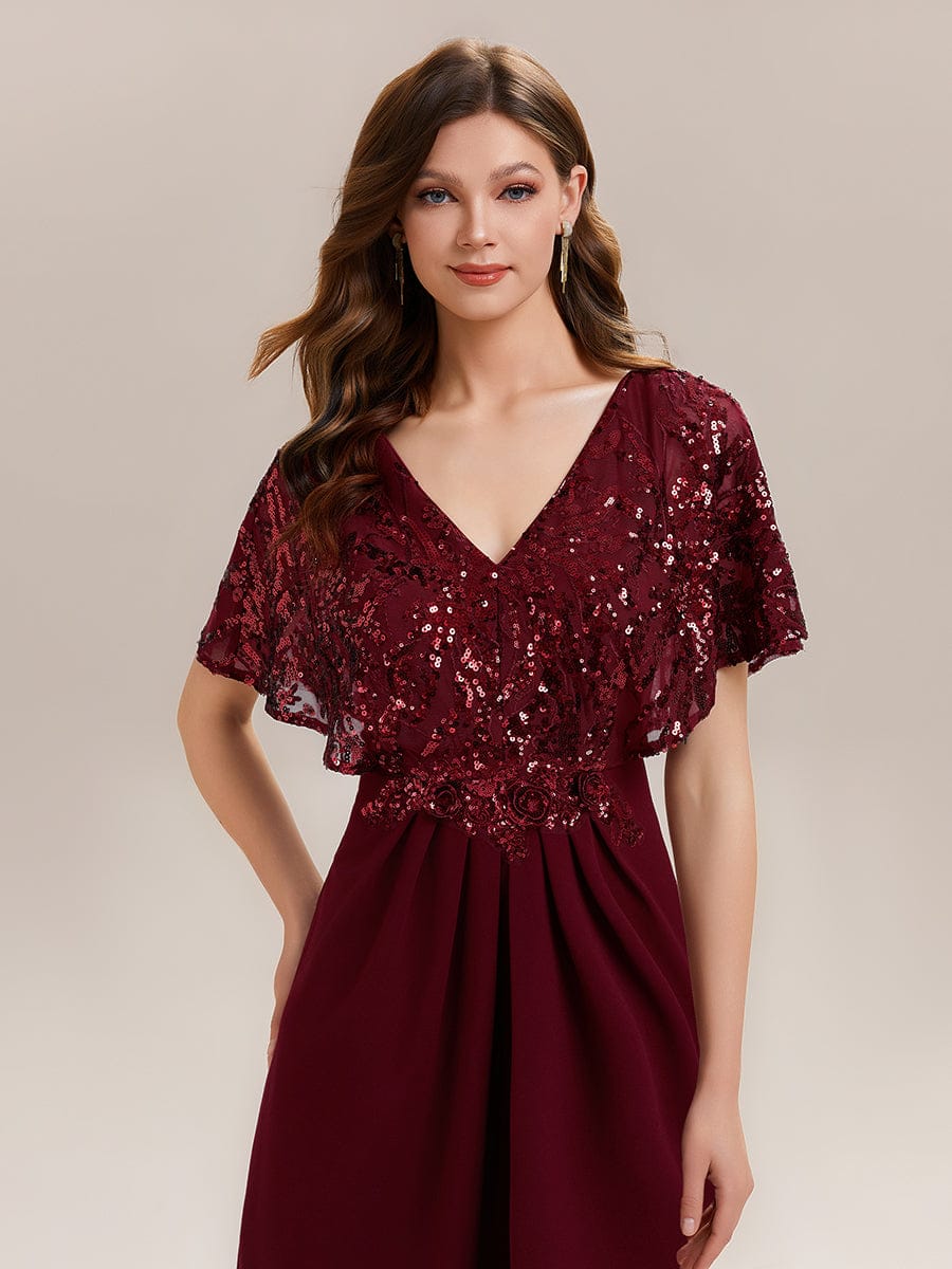 Thigh-High Slit Sequin Batwing Sleeve Dress #color_Burgundy
