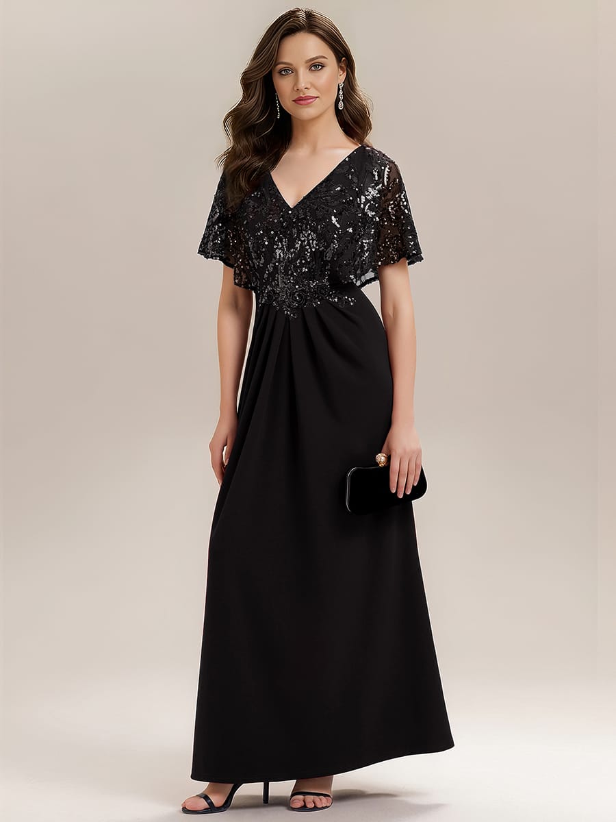 Thigh-High Slit Sequin Batwing Sleeve Dress #color_Black