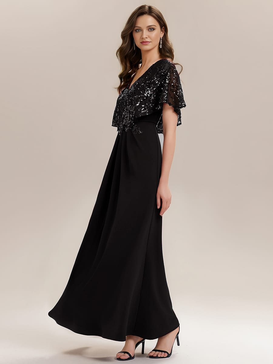 Thigh-High Slit Sequin Batwing Sleeve Dress #color_Black