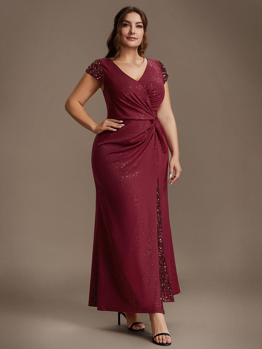 Knotted Knit Cap Sleeve Dress #color_Burgundy