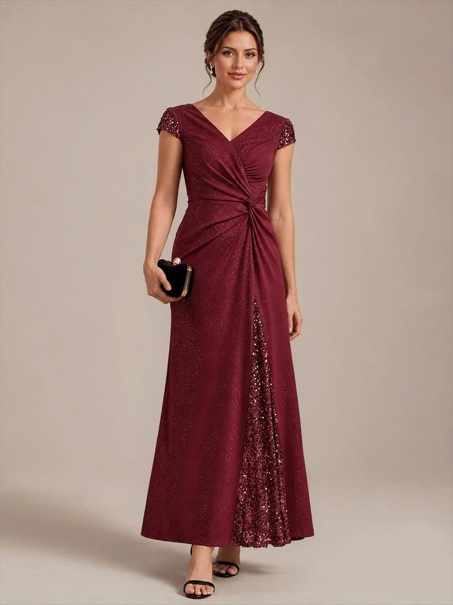 Knotted Knit Cap Sleeve Dress #color_Burgundy
