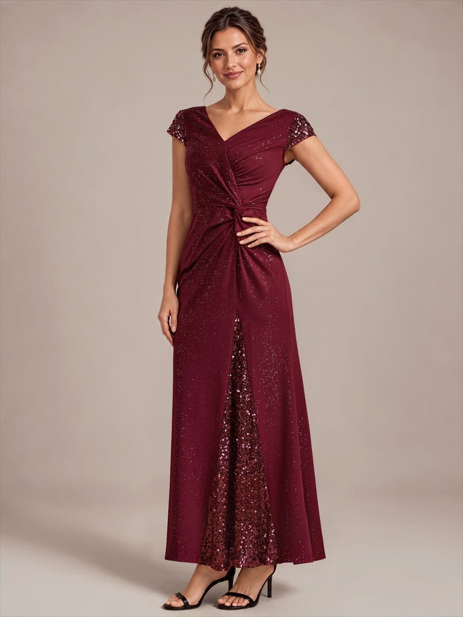 Knotted Knit Cap Sleeve Dress #color_Burgundy