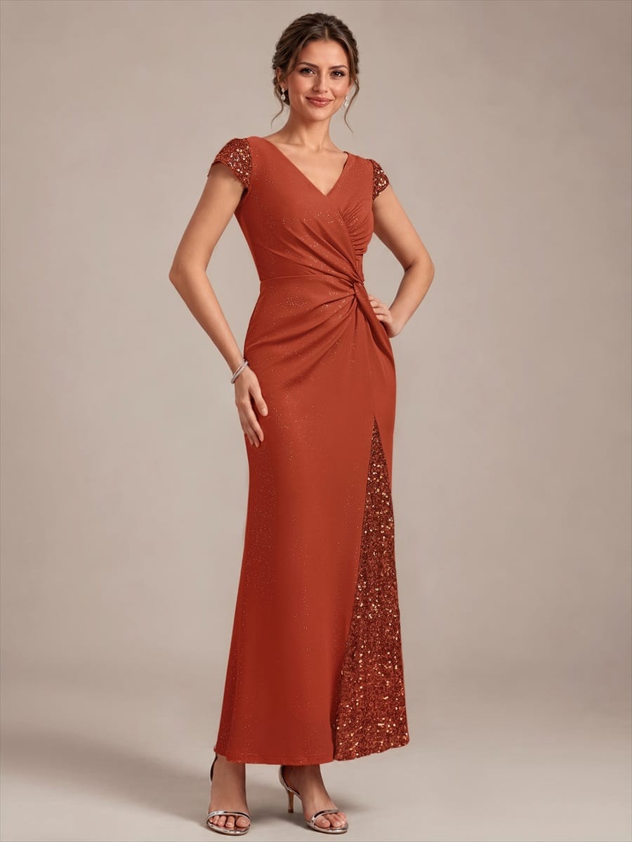 Knotted Knit Cap Sleeve Dress #color_Burnt Orange