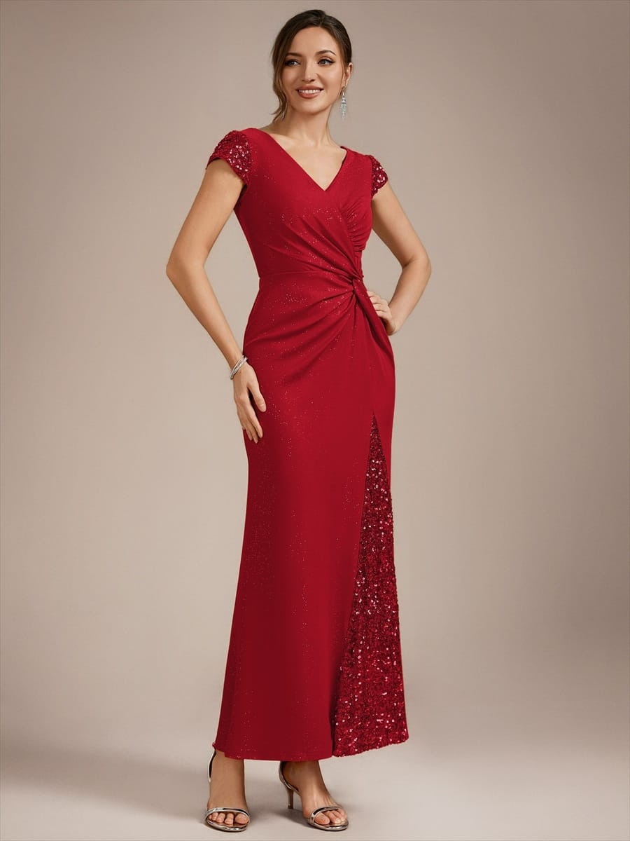 Knotted Knit Cap Sleeve Dress #color_Red