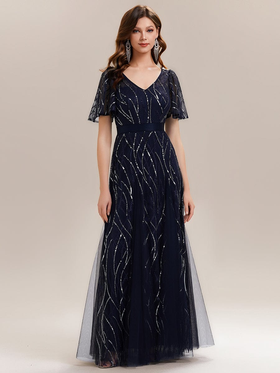 Deep V-Neck Sequin Ruffle Sleeve Dress #color_Navy Blue