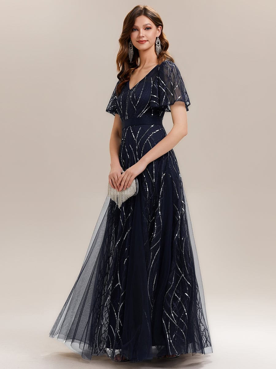 Deep V-Neck Sequin Ruffle Sleeve Dress #color_Navy Blue