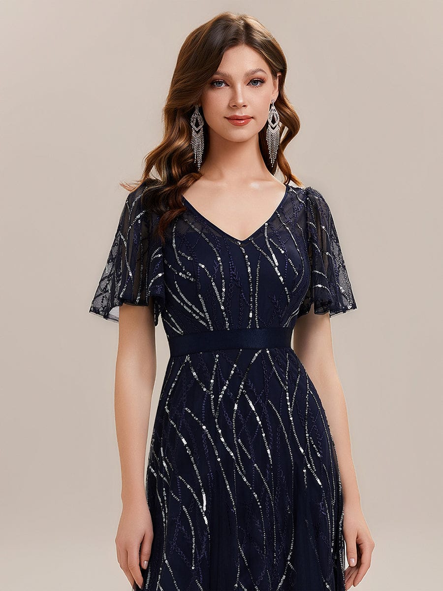 Deep V-Neck Sequin Ruffle Sleeve Dress #color_Navy Blue