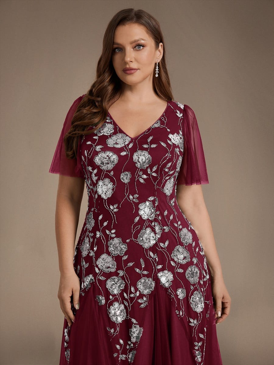 Patchwork Sequin Ruffle Sleeve Dress #color_Burgundy