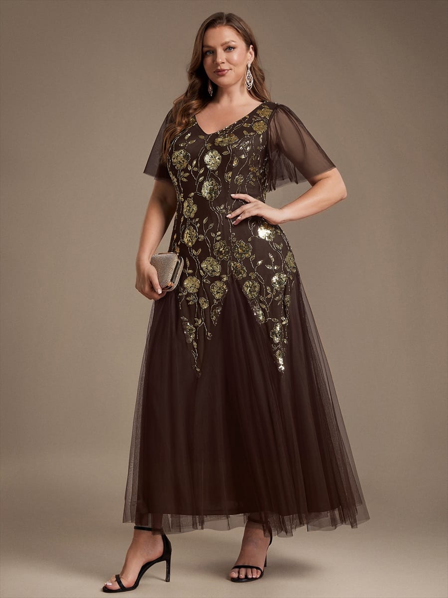 Patchwork Sequin Ruffle Sleeve Dress #color_Chocolate brown