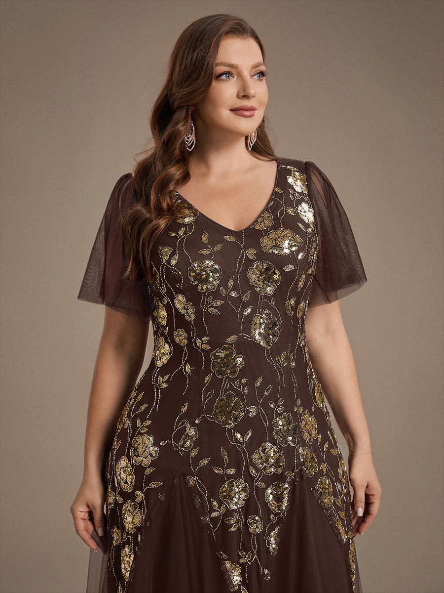Patchwork Sequin Ruffle Sleeve Dress #color_Chocolate brown