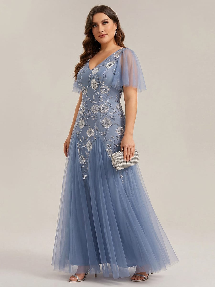 Patchwork Sequin Ruffle Sleeve Dress #color_Dusty Blue