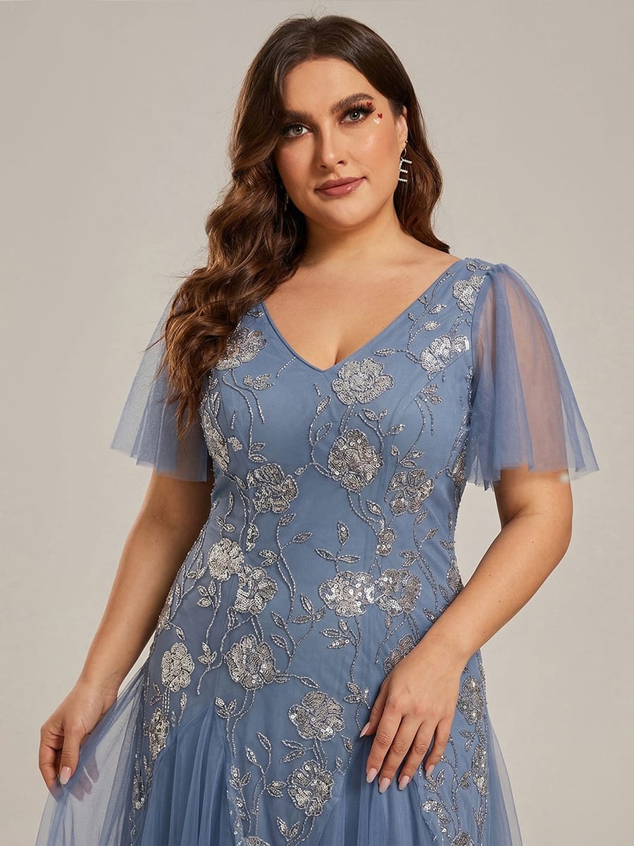 Patchwork Sequin Ruffle Sleeve Dress #color_Dusty Blue