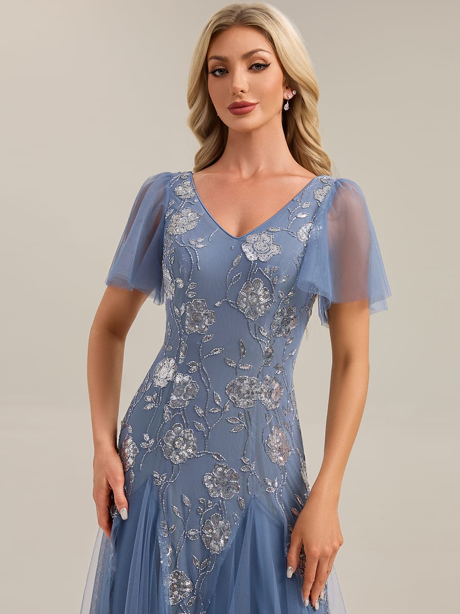 Patchwork Sequin Ruffle Sleeve Dress #color_Dusty Blue