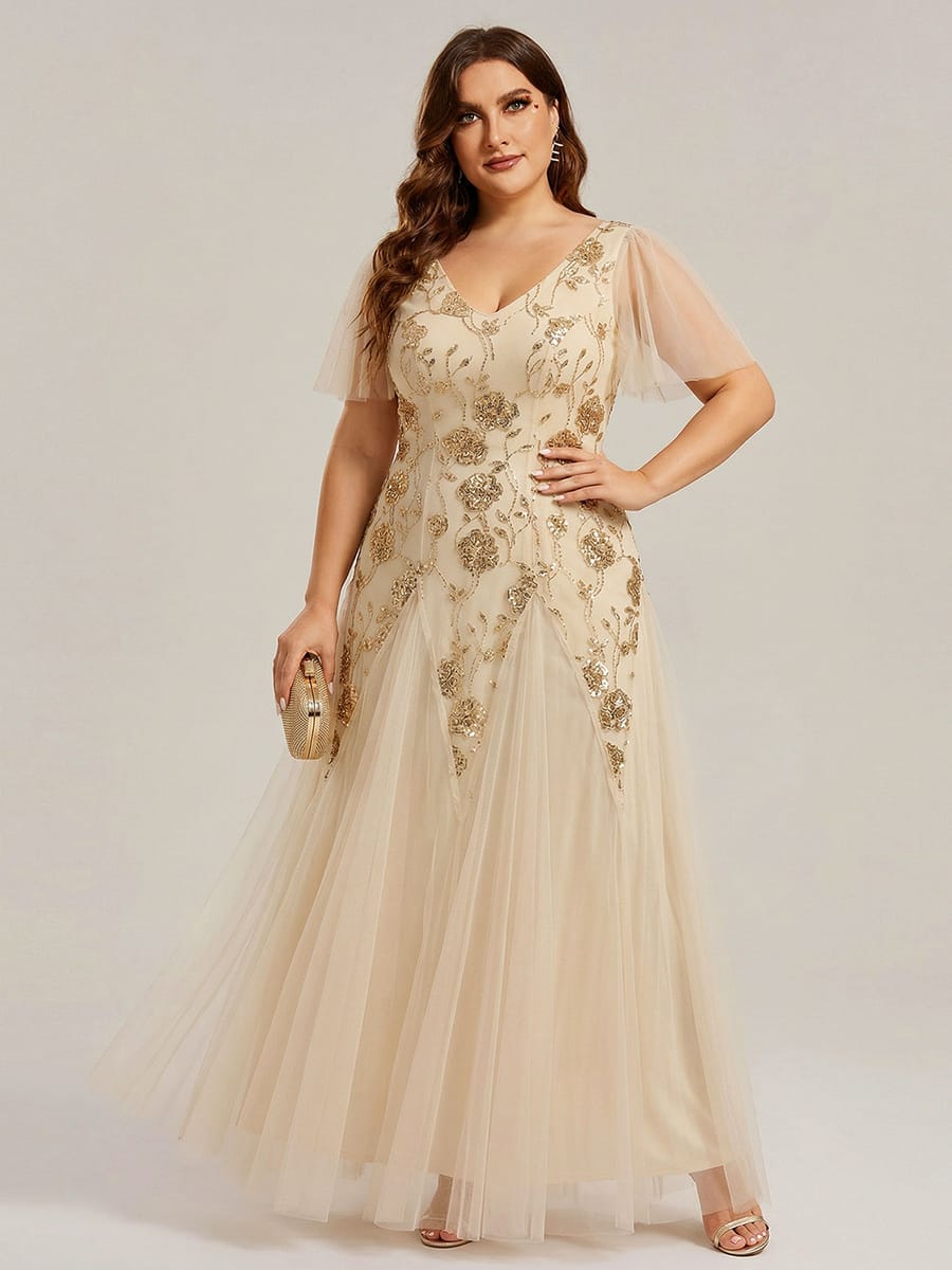 Patchwork Sequin Ruffle Sleeve Dress #color_Gold