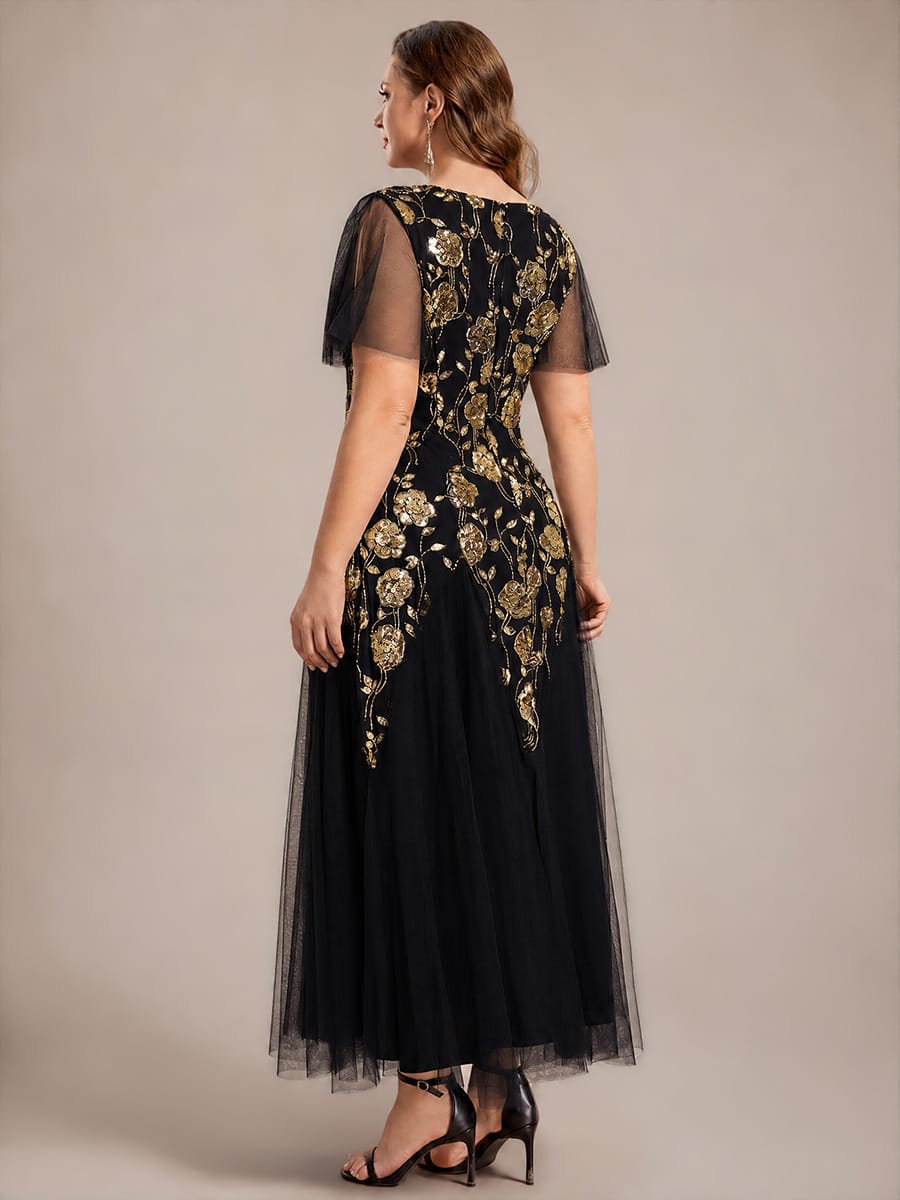 Patchwork Sequin Ruffle Sleeve Dress #color_Black & Gold Floral