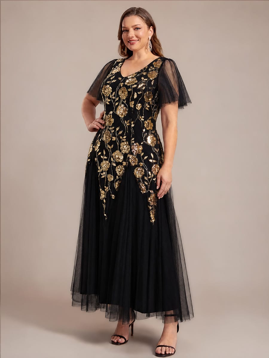 Patchwork Sequin Ruffle Sleeve Dress #color_Black & Gold Floral