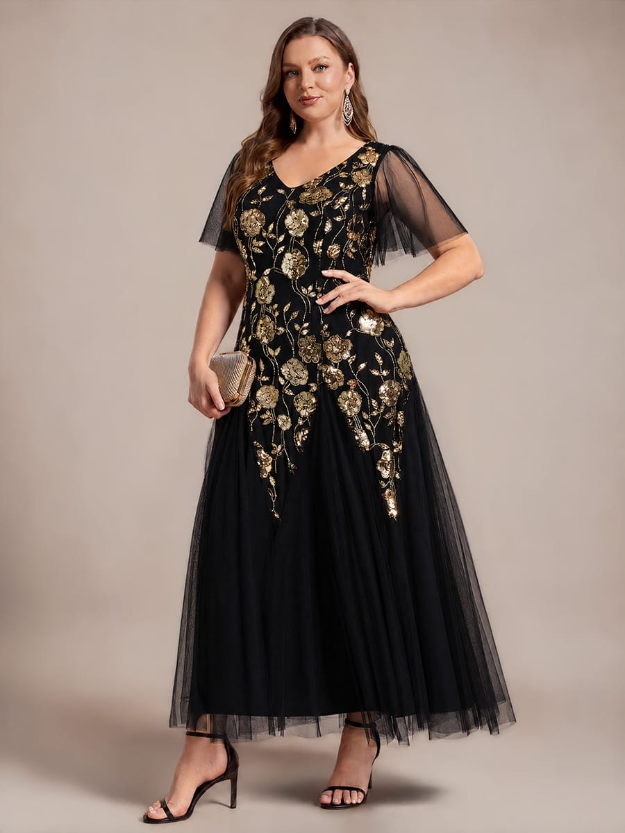 Patchwork Sequin Ruffle Sleeve Dress #color_Black & Gold Floral