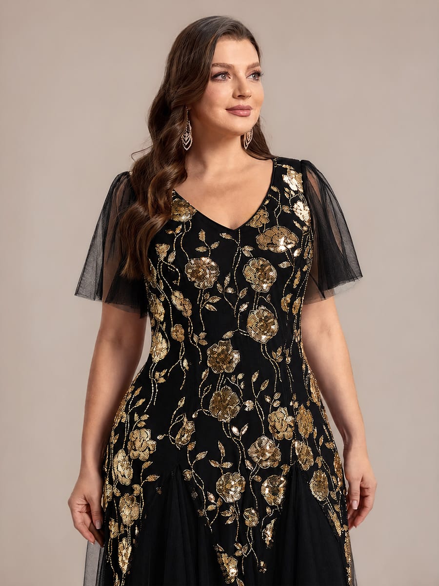 Patchwork Sequin Ruffle Sleeve Dress #color_Black & Gold Floral