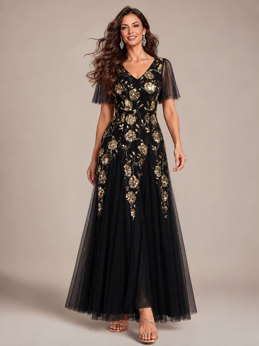 Patchwork Sequin Ruffle Sleeve Dress #color_Black & Gold Floral